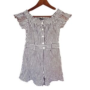 Zara Womens Gray White Striped Seersucker Off Shoulder Ruffle Romper Size M